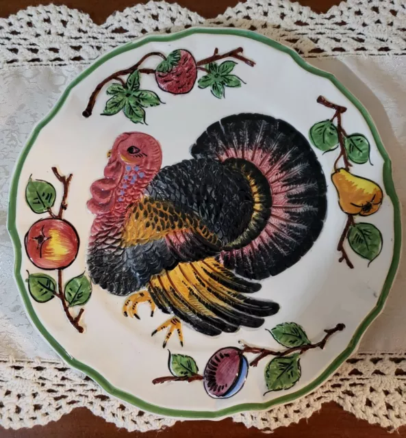 vtg 10" majolica round ceramic turkey and fruit design plate made in italy