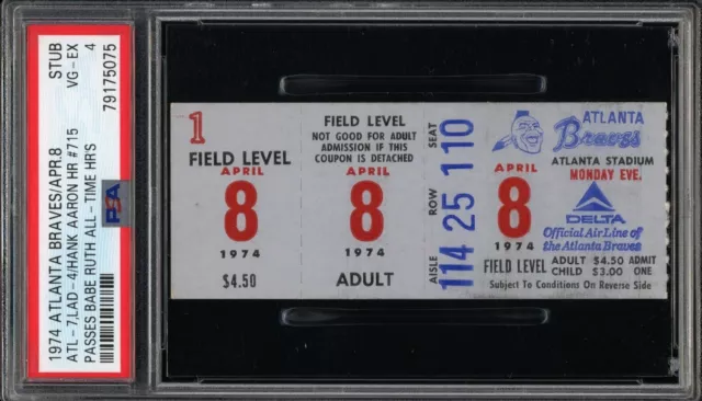 April 8th, 1974 Hank Aaron 715th Record Home Run Ticket PSA 4