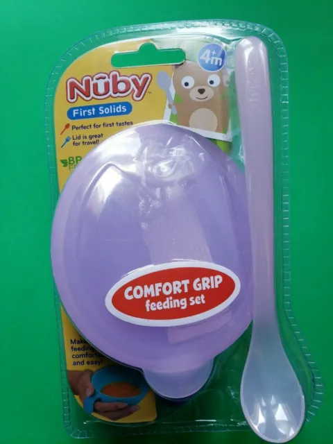 Nuby First Solids Purple Comfort Grip Feeding Bowl And Spoon Set Bpa Free