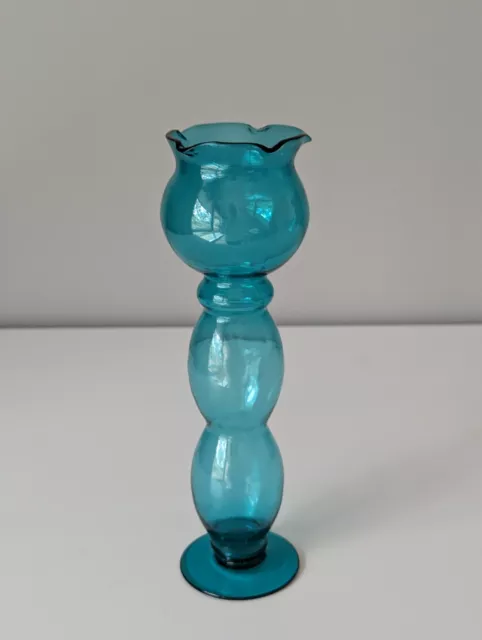 Blue Turquoise Ruffled Edge Art Glass Flower Bud Vase Mid Century Modern