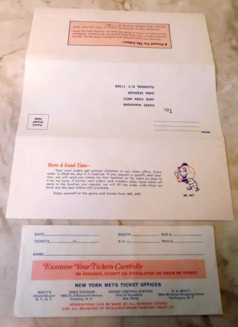 NY Mets Ticket Order Form & ticket envelope c. 1969-70 World Champs Shea Stadium