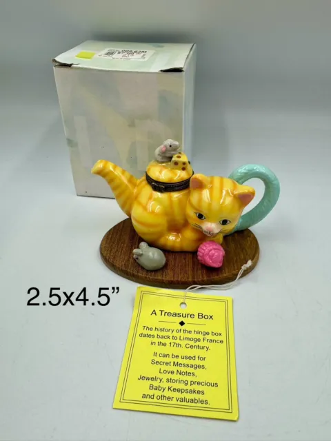 Direct Connections Orange Tabby Cat Tea Pot Hinged Trinket Box Mouse And Yarn