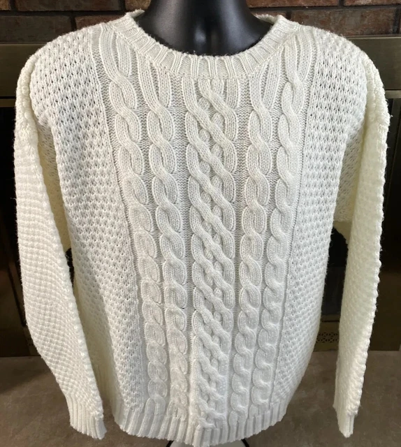 Vintage Knitivo Mens Pure White Cable Knit Hand Knit Rustic Sweater Size 46