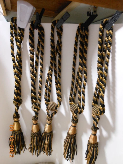 Vintage Set of 5 Drapery Curtain Braided Tie Backs Tassels Gold & Black 19" NICE