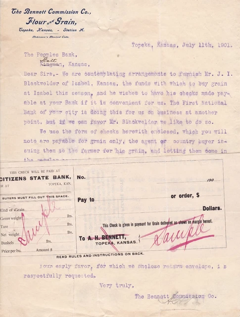 U.S. The BENNETT COMMISSION CO. Topeka 1901 Letter &Citizens State Bank Rf 48919