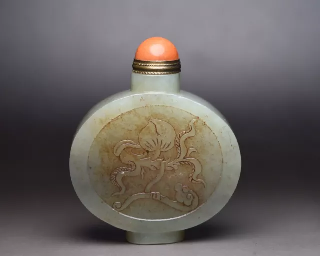 Collection Chinese Antique Hetian Jade Carved Old Man Fishing Nice Snuff Bottle 3