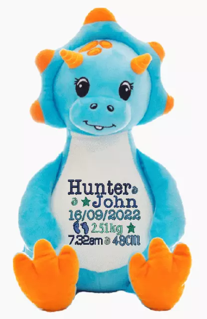 Personalised Soft Toy / Cubbie | Birth Announcement Cuddle toy | Dinosaur Blue