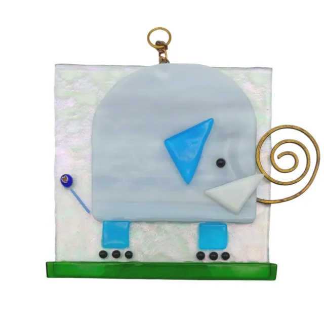 Handmade Signed Fused Art Glass Suncatcher Ornament - 4" Baby Elephant Animal