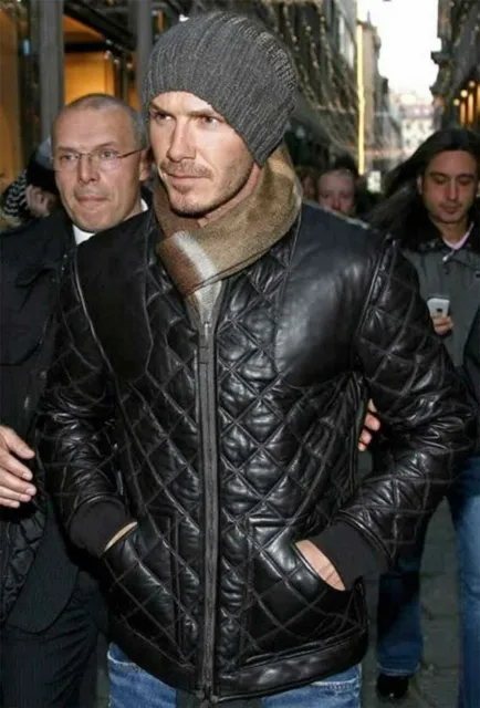 Mens Black David Beckham Real Leather Biker Jacket Quilted Cafe Racer Slim Fit