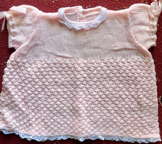 Vintage Baby Girls Knitted Peach Dress With White Collar Age 0-6 Months