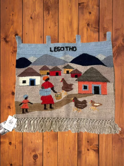 Lesotho African Woven Tapestry Wall Hanging Art Handmade Mohair Wool 23”x23”