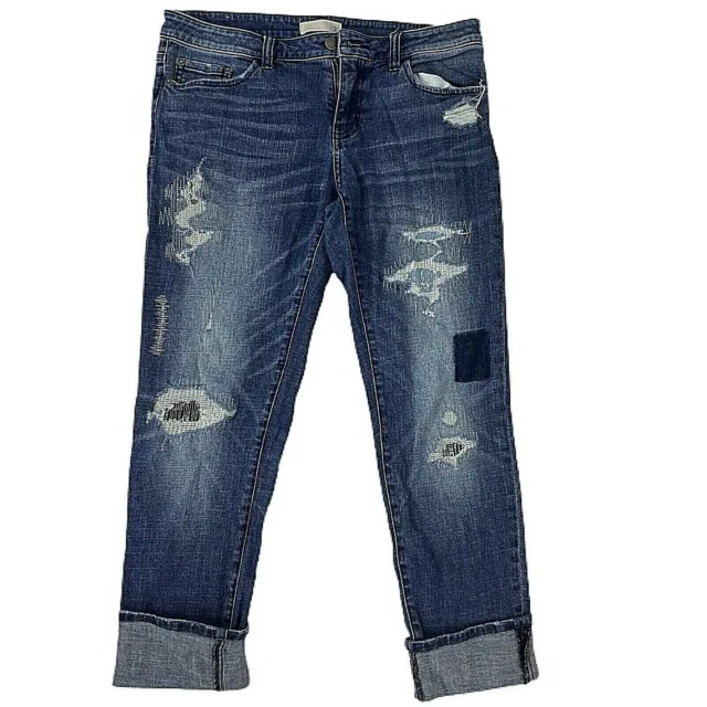 BP Jeans Womens Size 7 Distressed Ripstop Denim Blue Pants Crop Cuff
