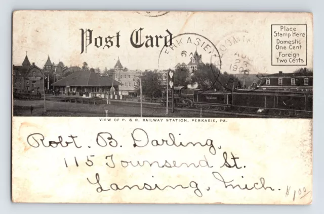 Postcard Pennsylvania Perkasie PA Railroad Train Station Depot P&R 1906 Posted