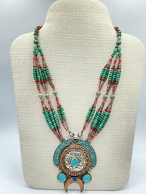 Amazing Handmade Tibetan Old Necklace With Natural Turquoise Coral Stone
