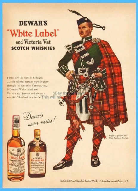 1954 Dewar's White Label Scotch Whiskey Piper Clan Wallace Tartan Original Ad