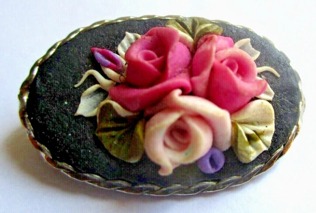 Broche Ancienne Vintage Camée Fleur Noir Et Or – Bijou Femme, Style Rétro, Très Bon état