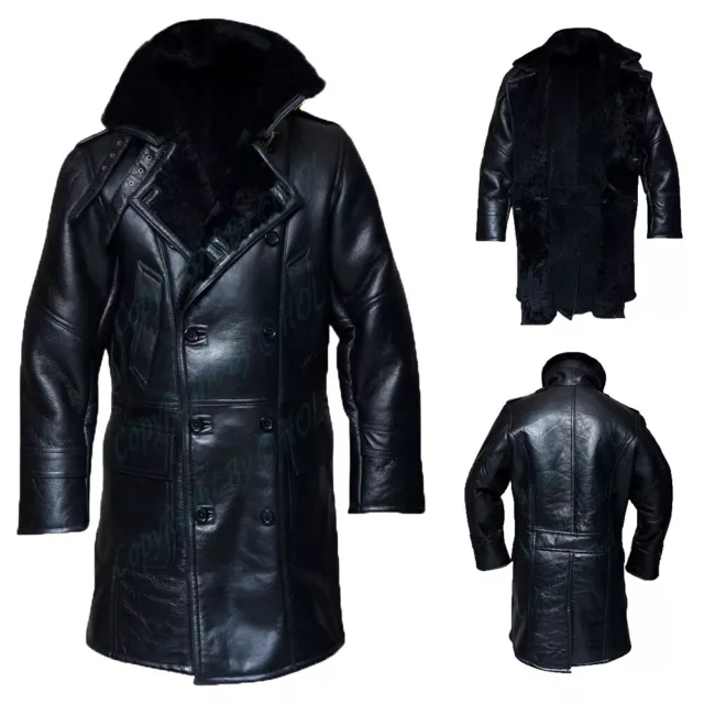 Mens WWll RAF Bomber Winter Warm Shearling Fur Jacket Black Real Leather Coat