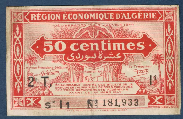 ALGERIE - 50 centimes - Pick n° 100 de 1944 en NEUF 2T Série I1 N° 181,933