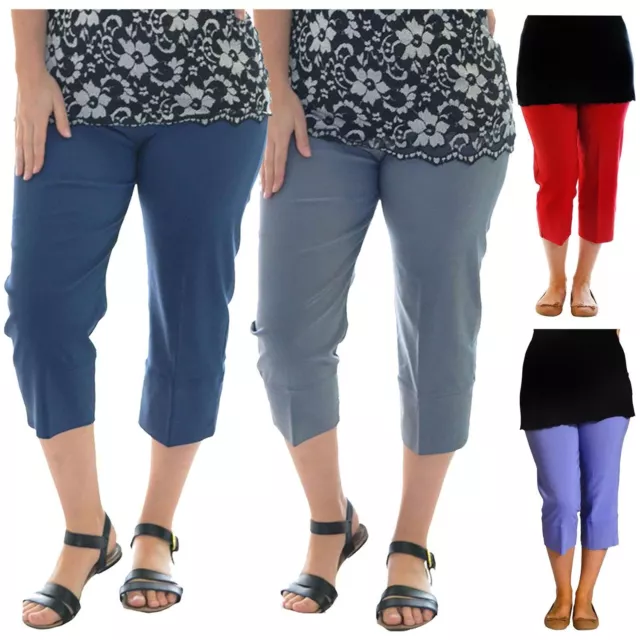 Ladies Women Cropped Trousers Stretchy Summer Cotton Capri Plus Size 10 to  24