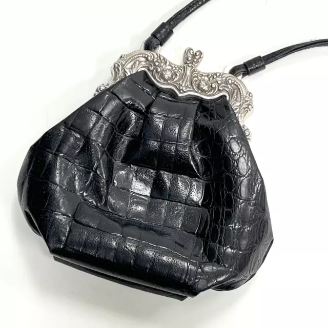 Brighton One World Black Leather Kiss-lock Crossbody Bag Purse Small Vintage