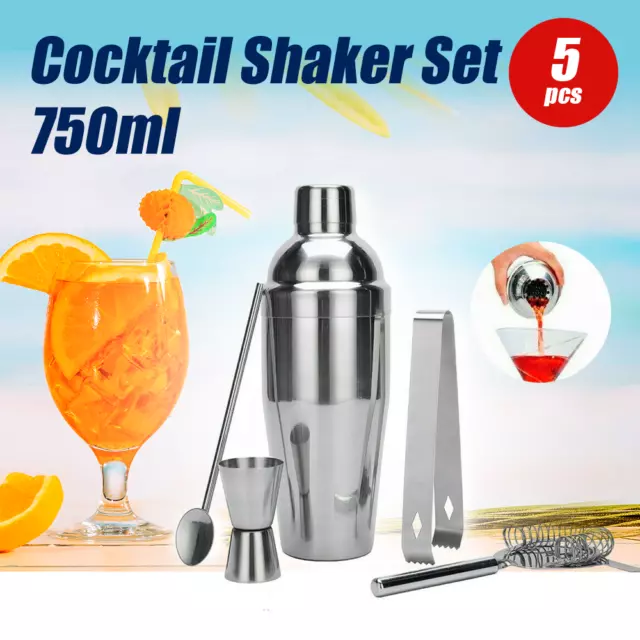 5PCS Cocktail Shaker Set Kit Stainless Steel Drink Boston Jigger Bar 750ml AU