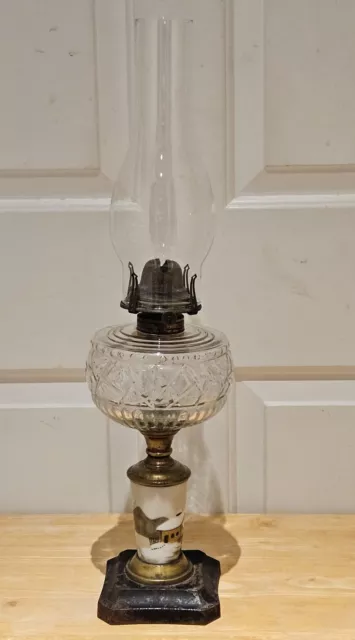 Antique 19th C. "Queen Anne" Footed Victorian Porcelain Oil Lamp with Chimney 2