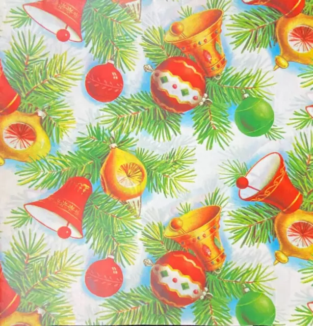 Vintage 1950s Christmas Wrapping Paper Gift Wrap Green Bells on Red [A}