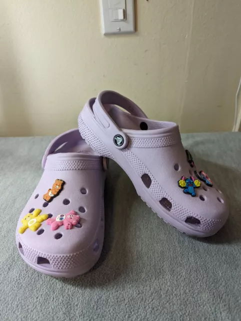 Crocs Purple Classic Clogs Slip On Shoe Unisex Size Mens 7 Womens 9 with Charms