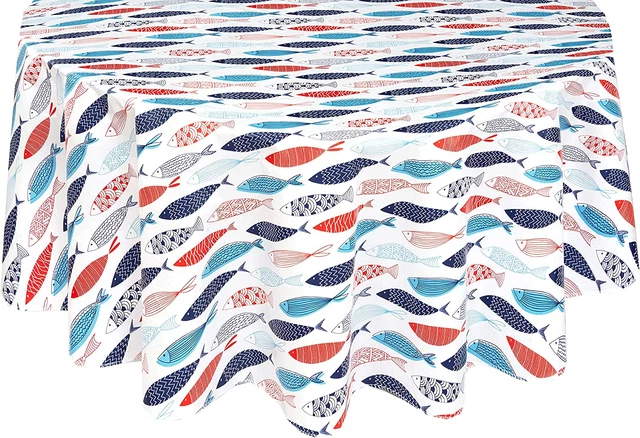 Fish School Cape Cod Print Vinyl Flannel Backed Tablecloth, Tropical Fish Vinyl
