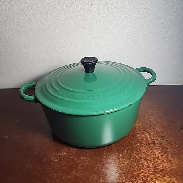 Le Creuset #22 Emerald Green Enameled Cast Iron Lidded Dutch Oven 3.5 Qt Damaged