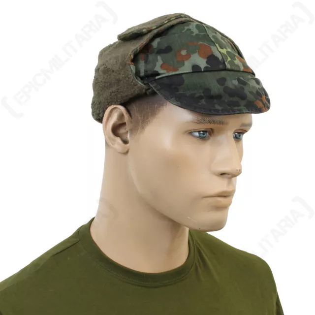 German Flecktarn Camouflage Winter Cap - Hat Army Surplus Ear Flaps Soldier Mens