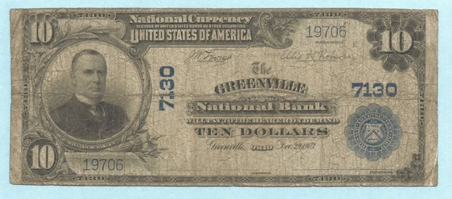 $10 National Currency 1902 PB Ch#7130 - Greenville NB, Greenville, OH - VG+/Fine
