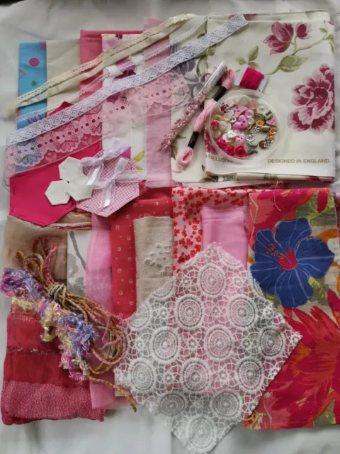 Large Pink & Flower Slow Stitch Kit/ Junk Journal Sewing Craft Scrap  Bundle.