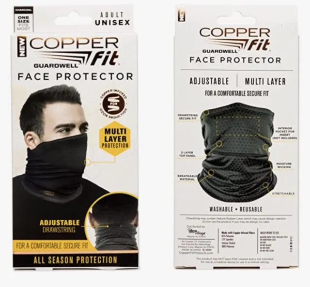Set of 3 Face Mask Copper Fit Guardwell Neck Gaiter Charcoal Grey adult one size