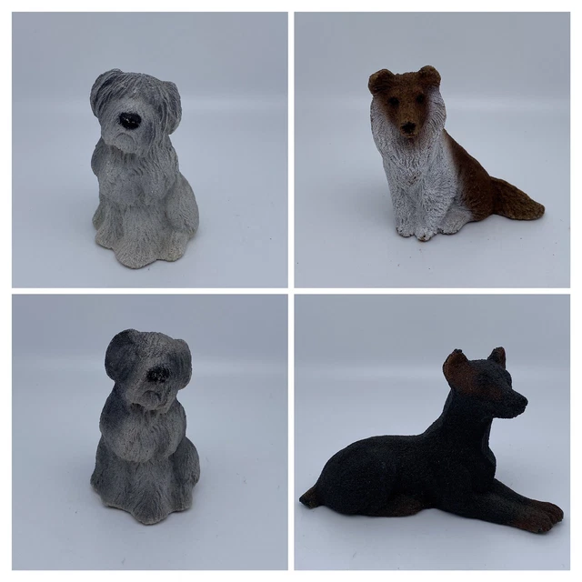 4 Sandstone Dog Figurines English Sheepdogs, Collie, Doberman 3-1/4"