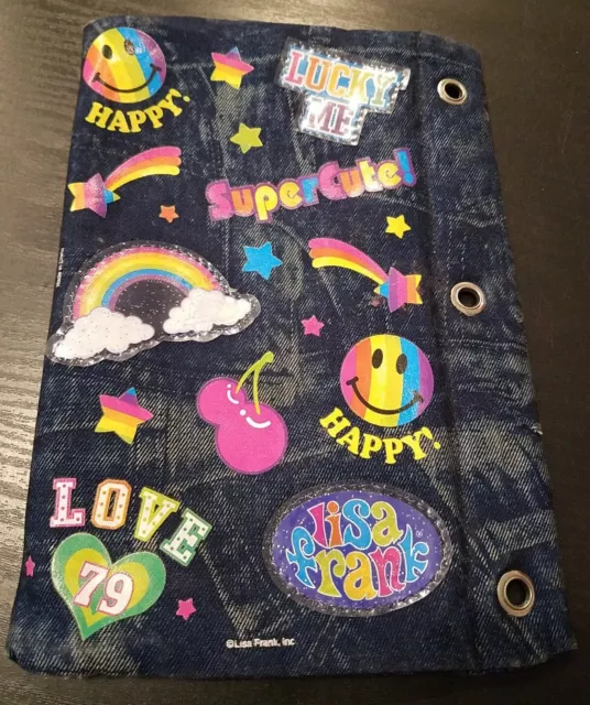 Vintage Lisa Frank Denim Zippered 3 Ring Binder Rainbow Patches Pencil Pouch