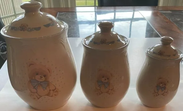 Vintage Tienshan Stoneware Country Bear Set of 3 Canisters Rare Blue White