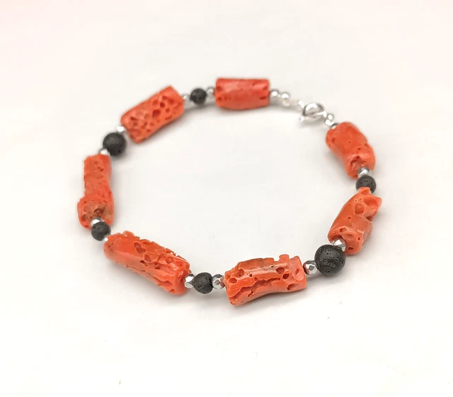 BRACELET EN ARGENT 925 Avec Corail Rouge Et Onyx AGRP 0123 EUR 59,02 - FR