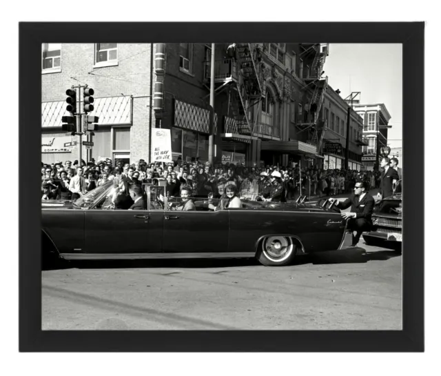 President John F. Kennedy Motorcade Assasination Dallas 8X10 B&W Framed Photo