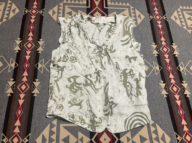 Jones Linen Sz S Tan Khaki Pullover Sleeveless Blouse Top Aztec Wall Art Z7
