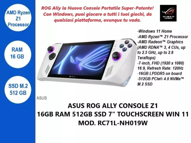 ASUS Rog Ally Z1 Console Portatile 16Gb Ram 512GB Ssd NVMe M.2 RC71L-NH019W 7"