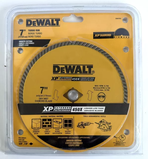 Dewalt 7" 18T Dry Wet Diamond Blade Turbo Rim Xp Circular Saw Blade Dw4702