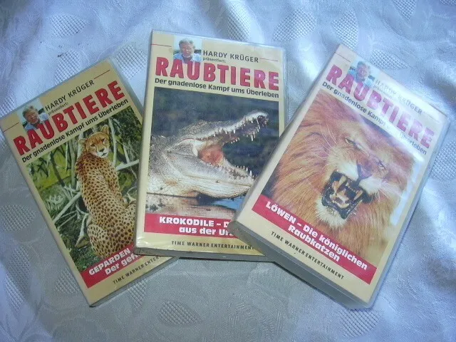 3 original! Videos VHS  Hardy Krüger Raubtiere Natur Löwe Krokodil Ge/Leoparden