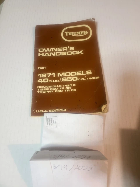 Vintage Triumph Owners Handbook For 1971 Models 40cu.in 650c.c Twins.