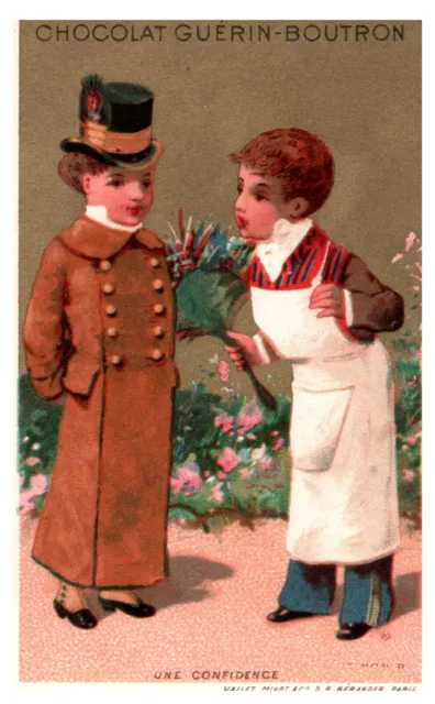 1880s Trade Card - Chocolat Guerin Boutron Confident Boy Giving Flowers To Girl