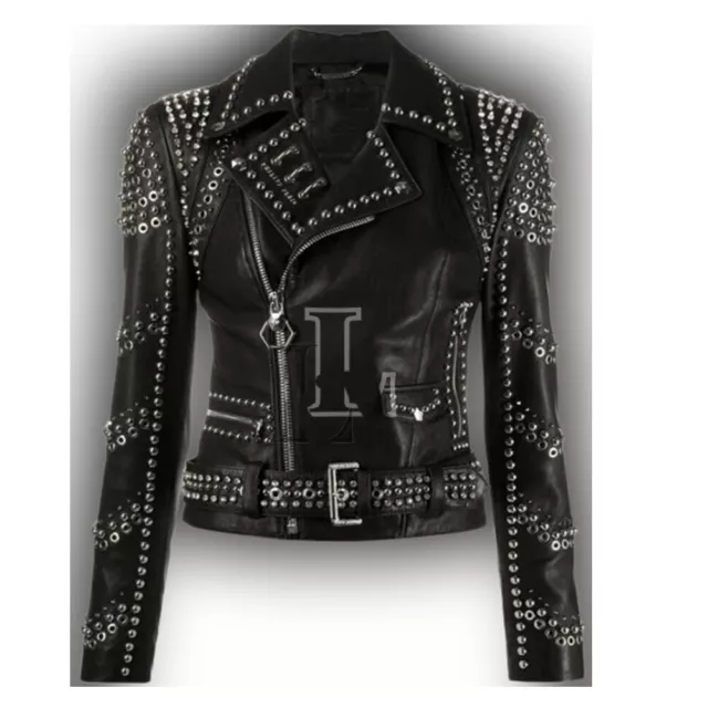 Handmade Women Black Punk Stylish Studded Genuine Cowhide Leather Jacket