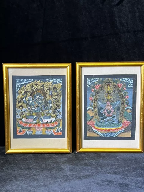 2x kleine Thangka Garuda und Mahakala (buddhistischer Beschützer)-Gemälde