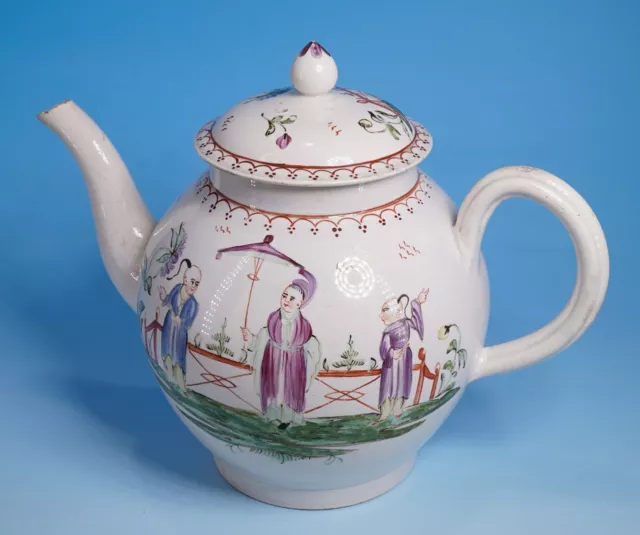 Pearlware teapot, Chinoiserie enamels, Circa 1760