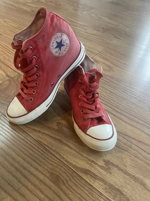 Converse ~ Red Distressed Canvas Mid About 2" Hidden Wedge Heel Women Sz 9