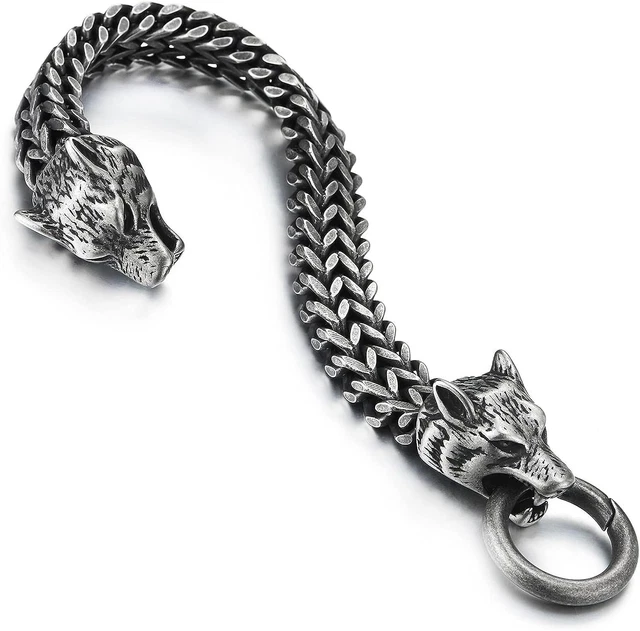 Biker Mens Stainless Steel Wolf Head Franco Link Curb Chain Bracelet with Spring